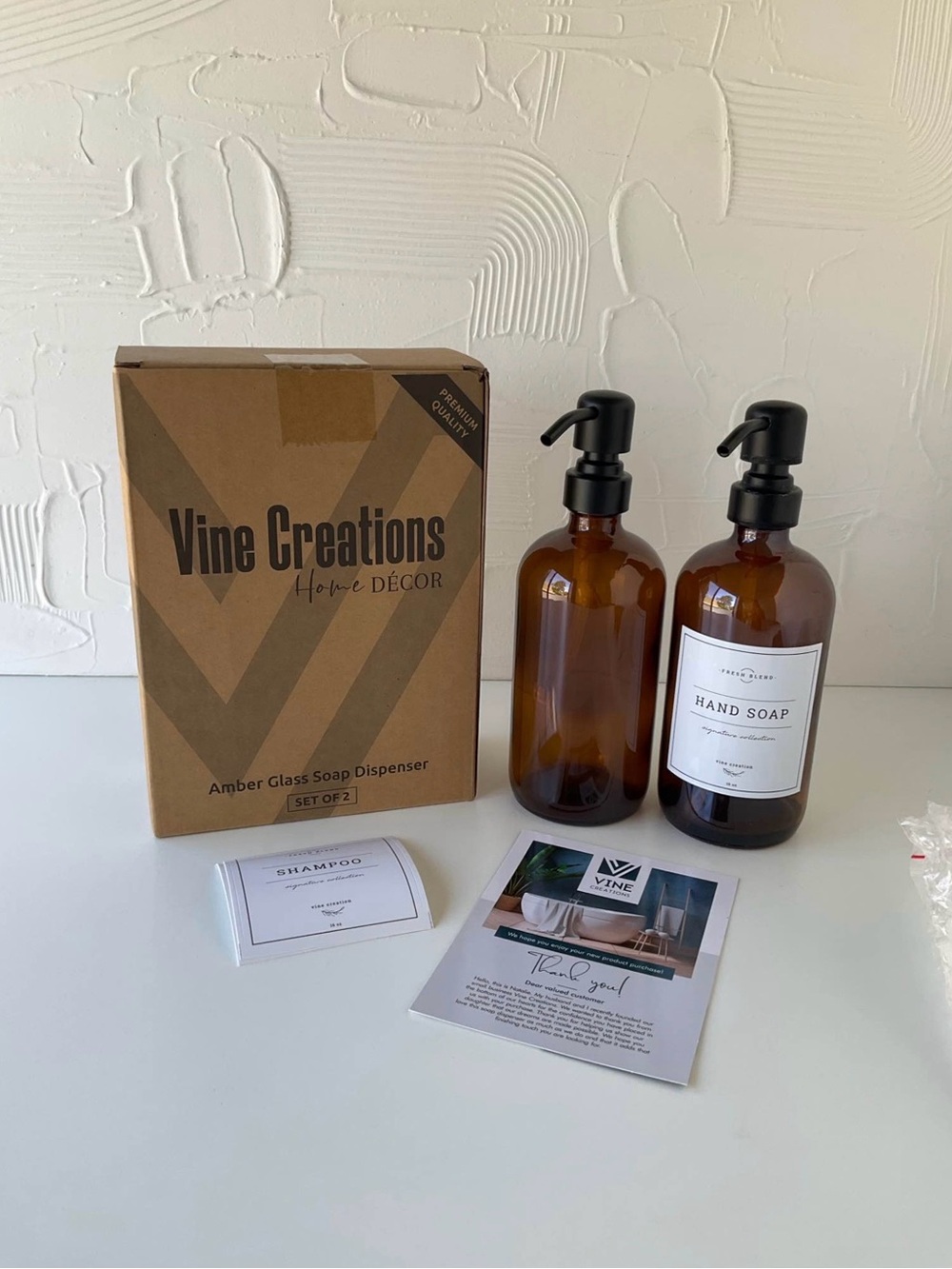 Vine Creations Premium Amber Glass Soap Dispenser Set - Set of 2